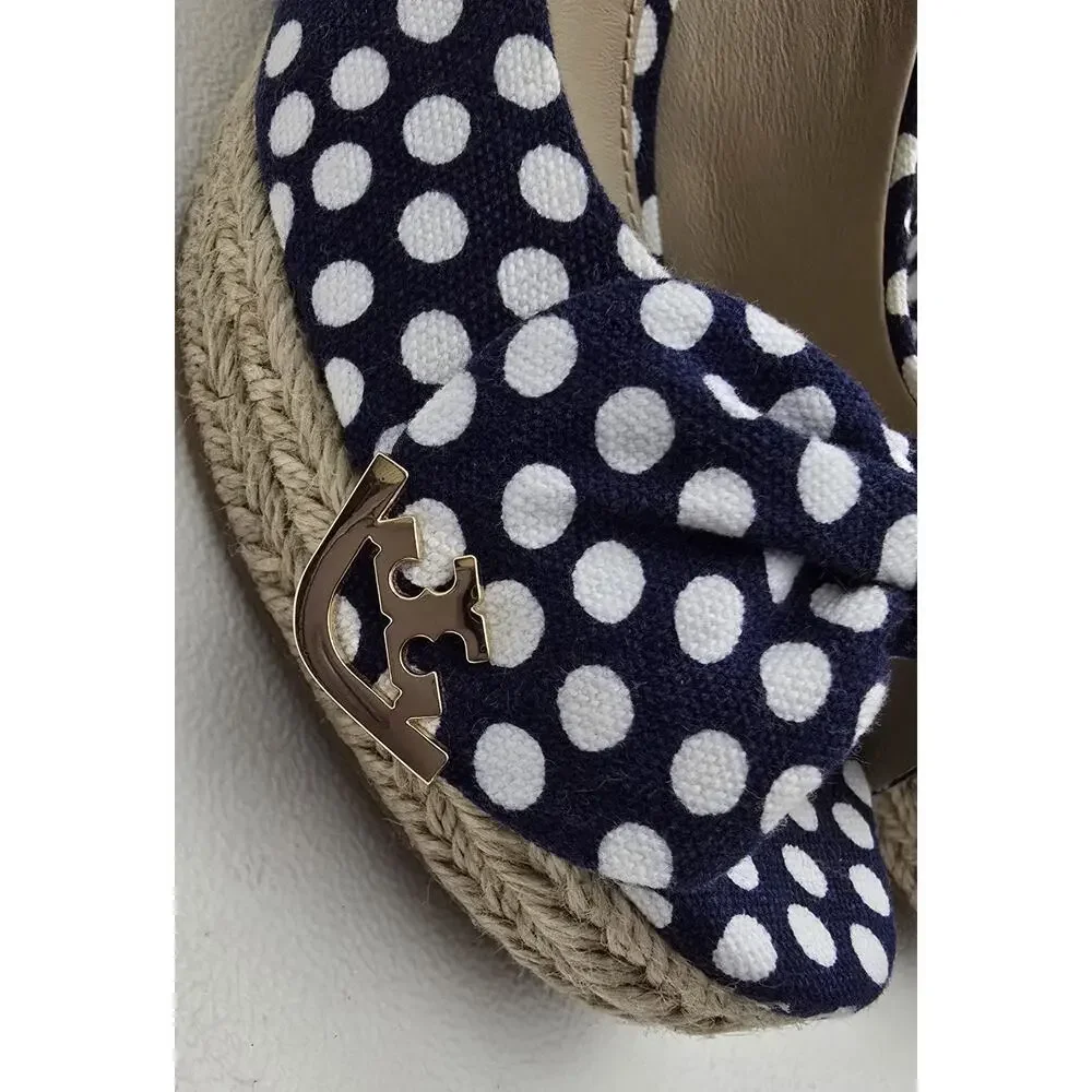Tory Burch Dory Navy/White Polka Dot Wedge Espadrille Women's Bow Peep Toe Sz 9 - Picture 4 of 10